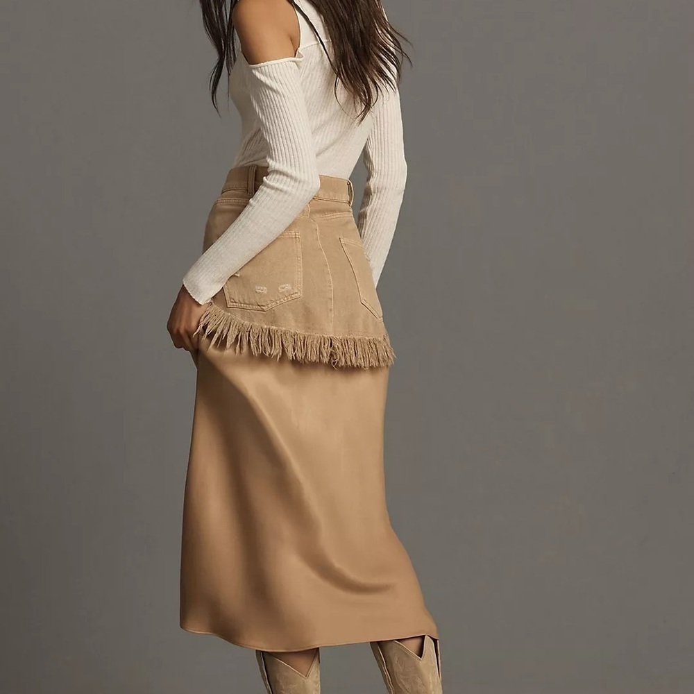 Pilcro Twofer Slip Midi Tan A-Line Skirt with Fringe Rodeo Cowgirl - Picture 2 of 7